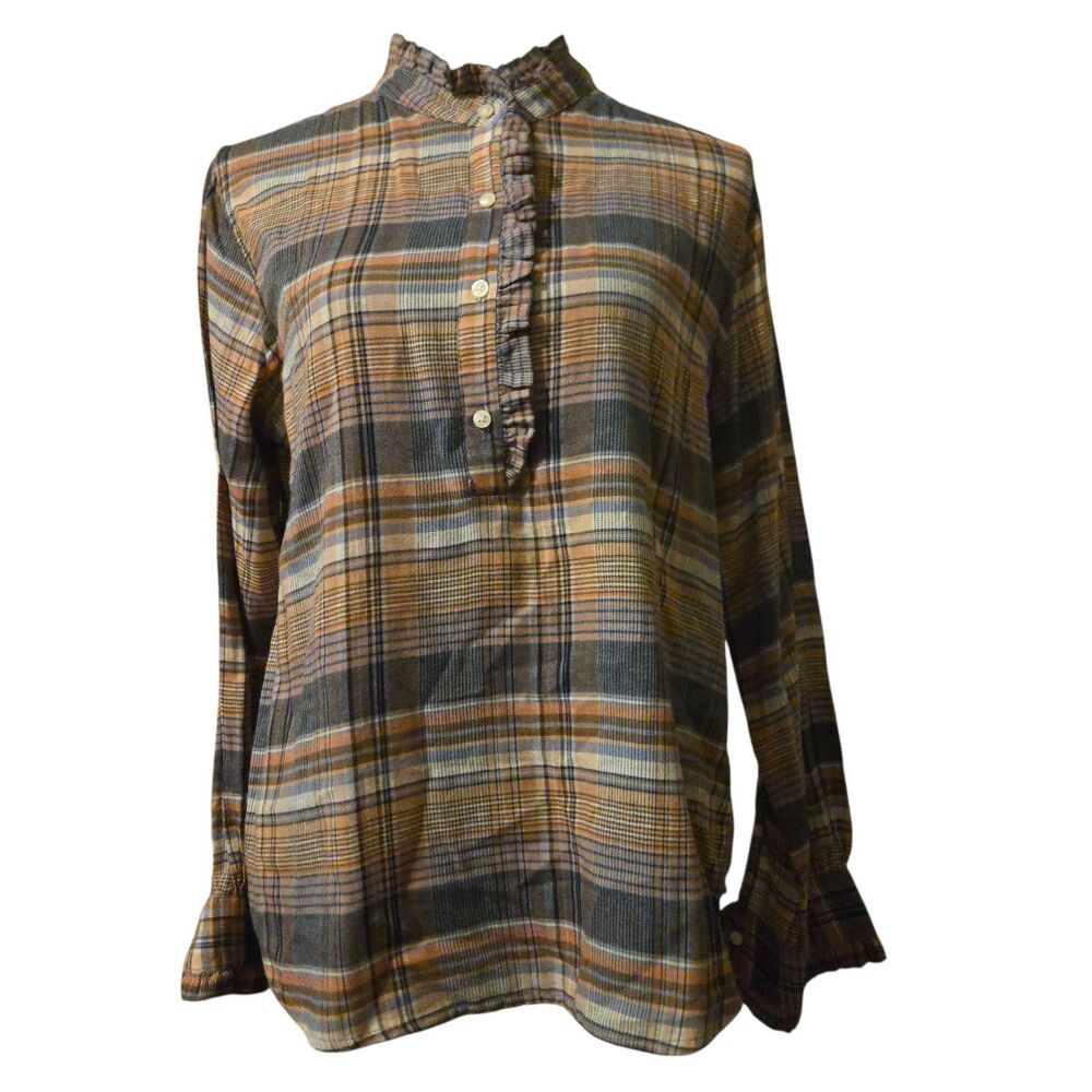 Trovata Plaid Button-Down Ruffle Collar Top in Mustard, Gray & Cream